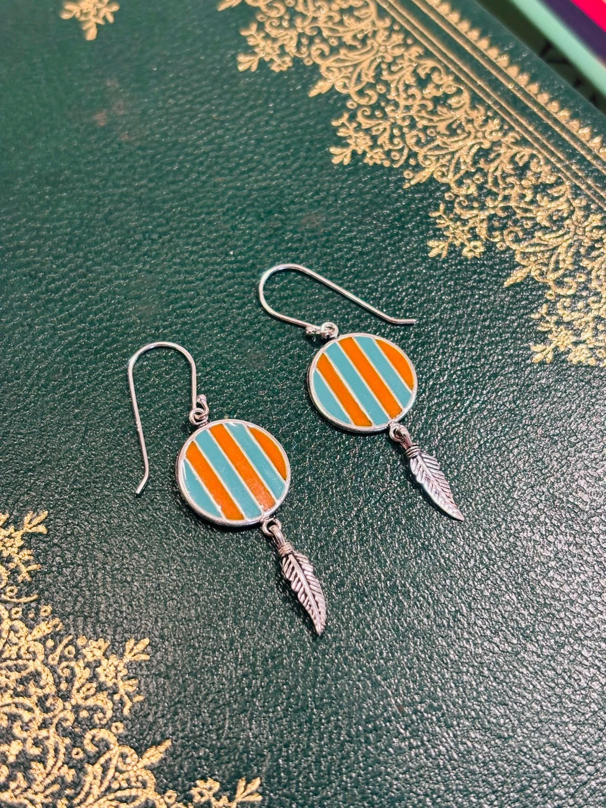 925 Silver 30mm Striped Feather Enamel Earrings Hook Settings Made In UK HMJ104