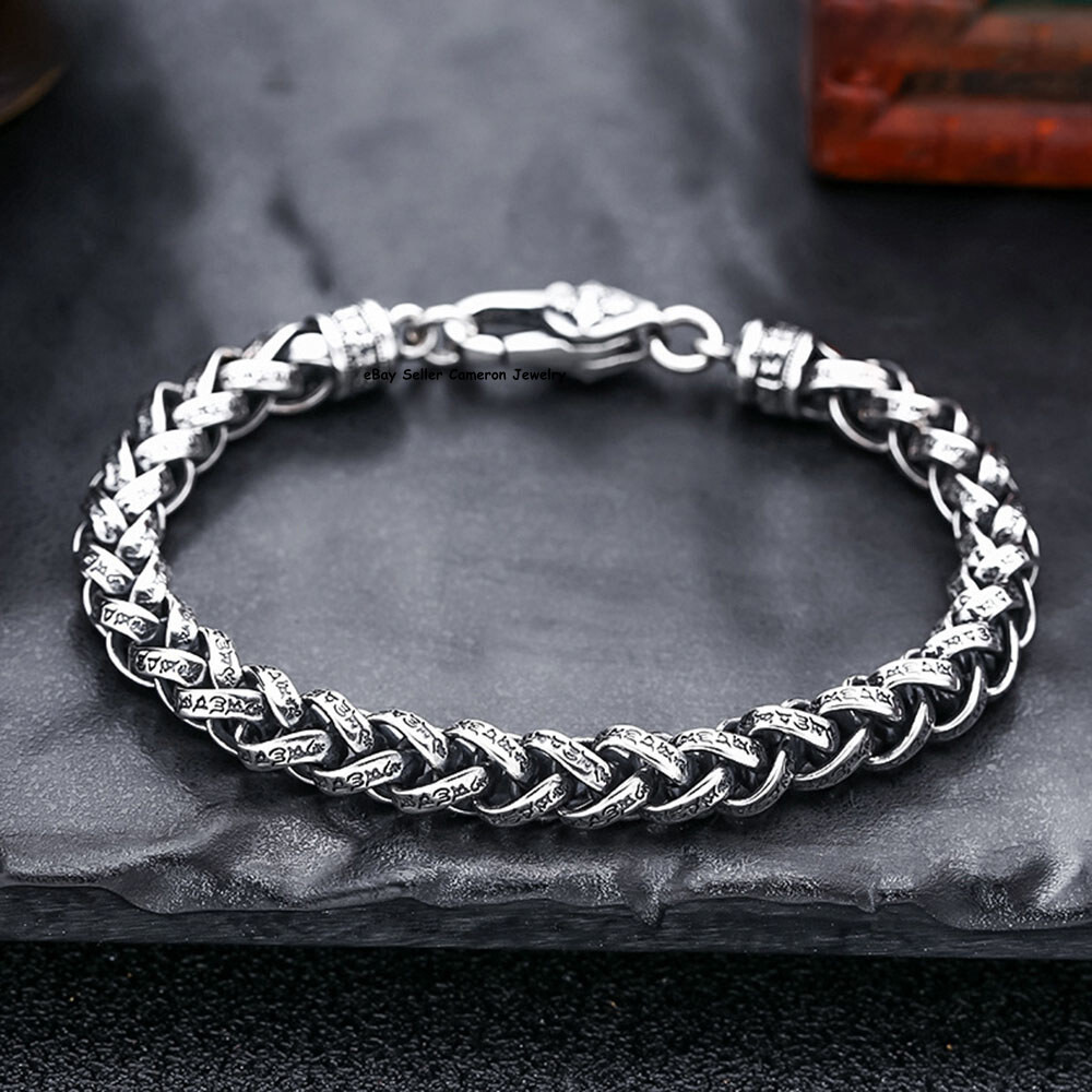 Pure S925 Sterling Silver Chain 7mm Six Words Wheat Link Bracelet 7.1-7.9inch
