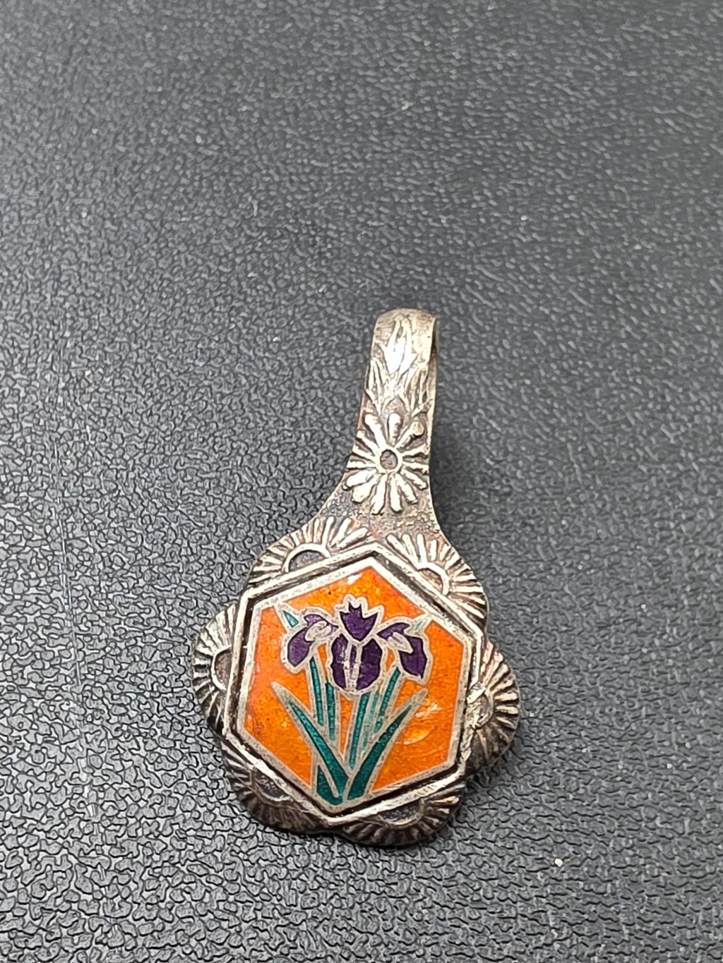 Vintage Sterling Silver Enamel Iris Floral Pendant Marked Art Nouveau Style