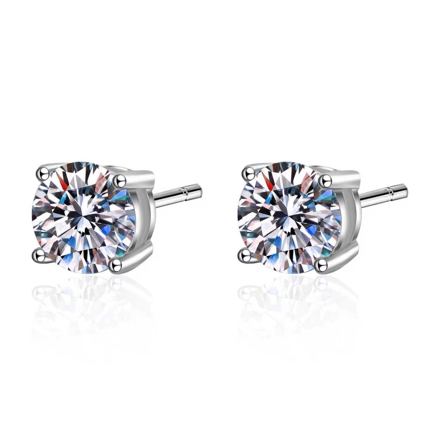 Silver Tone Metal Round Clear Stud Earrings Pair Prong Set Butterfly Back