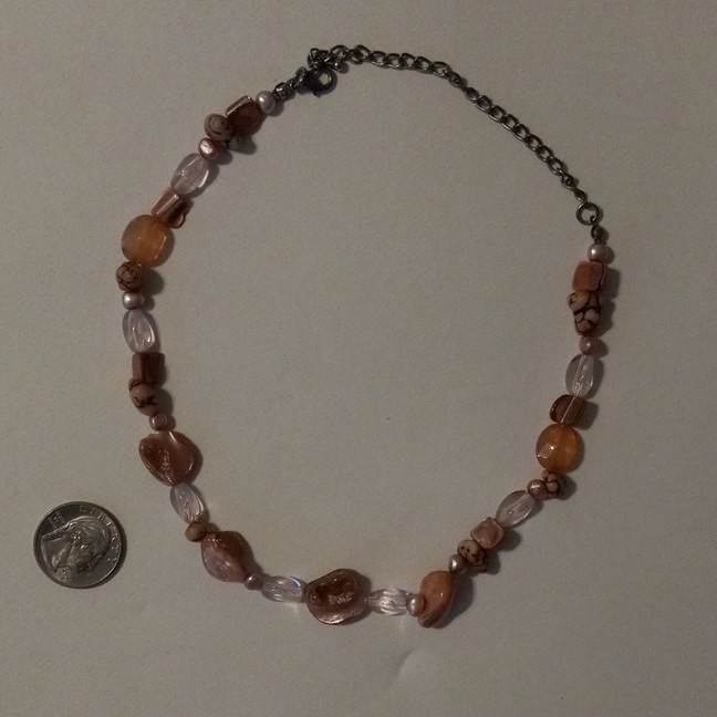 Pink Brown Glass Oval Beaded Necklace Cable Chain, Adjustable Extender Lobster