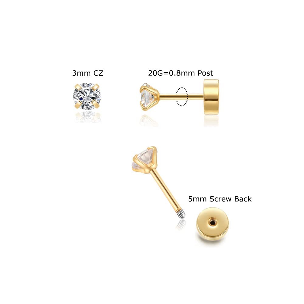Renkovte Flat Back Screw Back CZ Stud Earrings Small Helix Cartilage Piercing