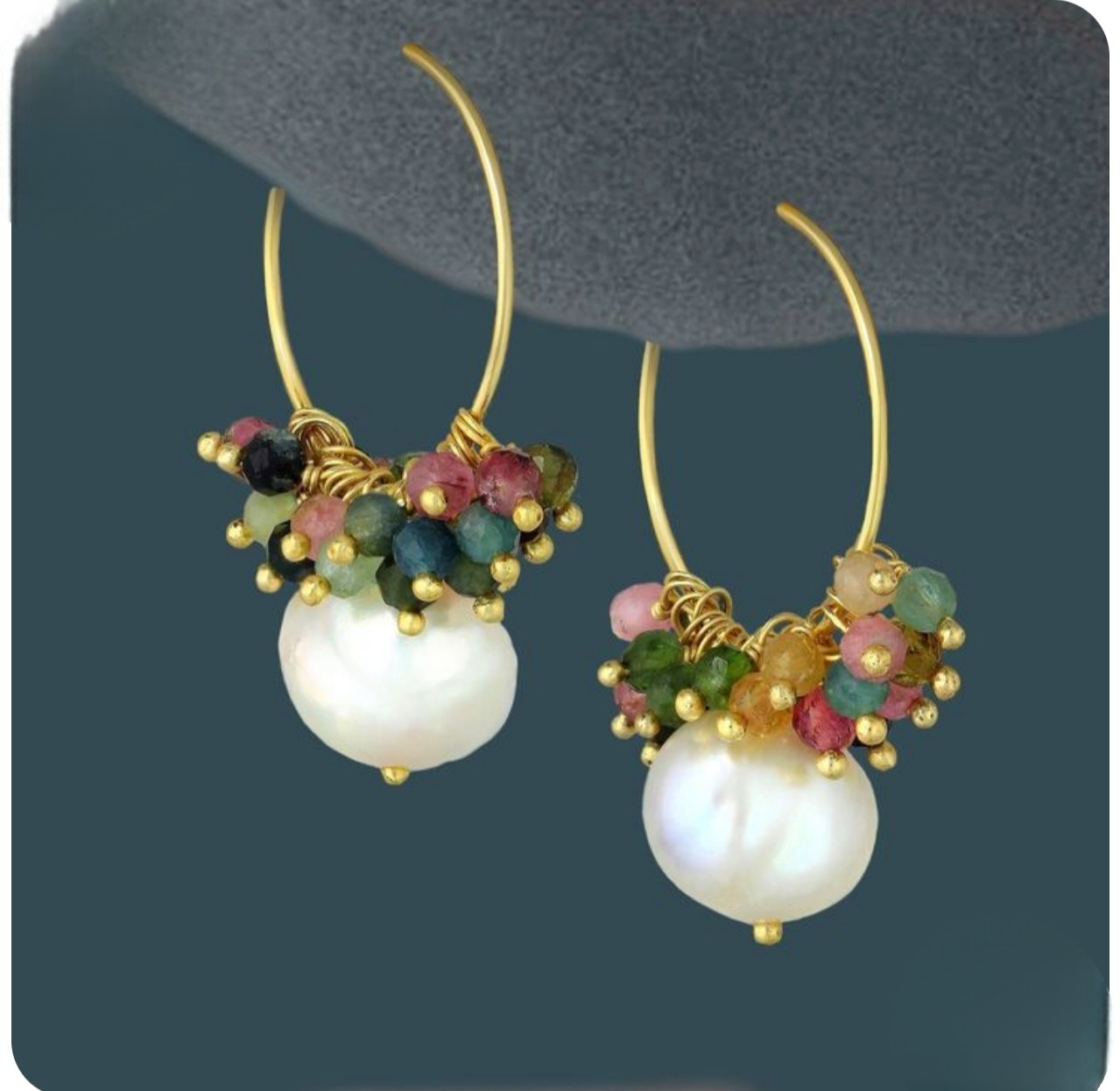 Tourmaline & Pearls gemstones 18k gold handmade earrings jewelry Gift her h5