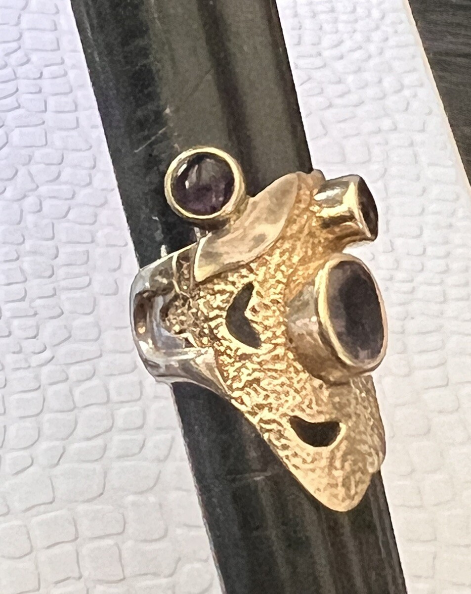 Unique Artisan Signed Yes Two Toned Sterling 925 Amethyst Garnet Wide Band Ring