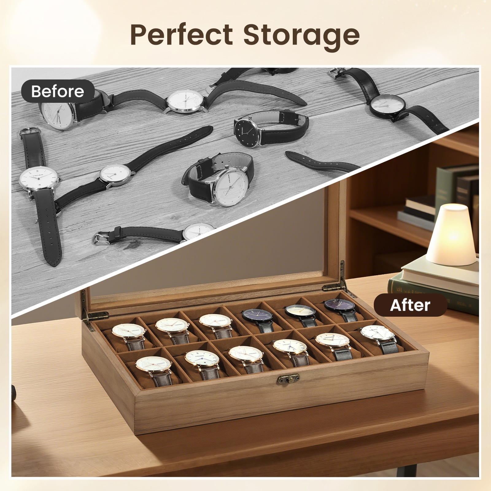12 Slots Watch Box Solid Wood Organizer Watch Case Jewelry Storage Display Case