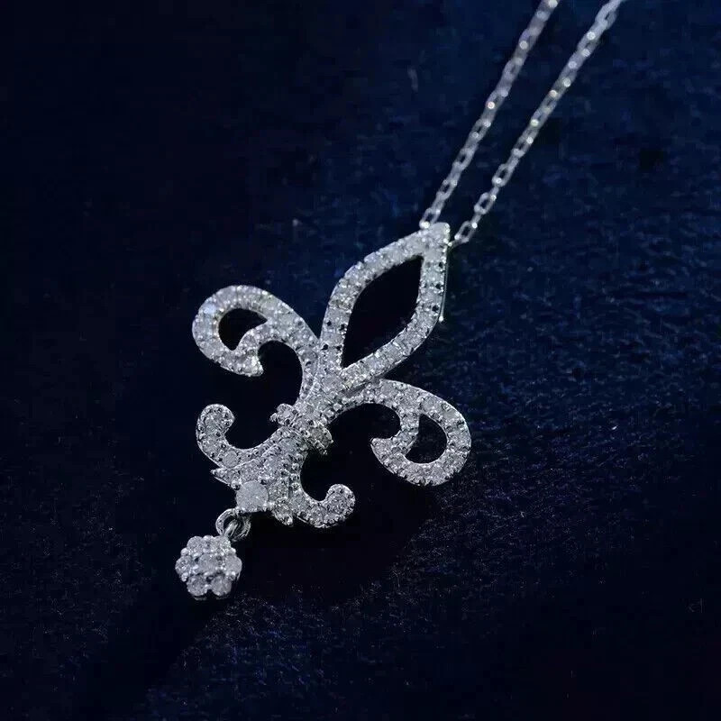 1.50Ct Round Cut Simulated Diamond Fleur-De-Lis Pendant 14K White Gold Plated