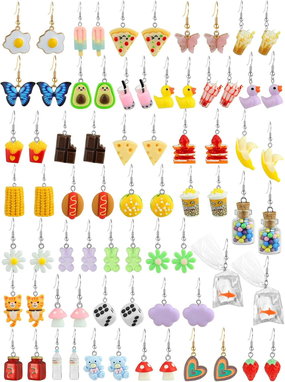 36 Pairs Weird Cute Earrings Fun Cool Mushroom Bear Flower Cat Funky Aesthetic D