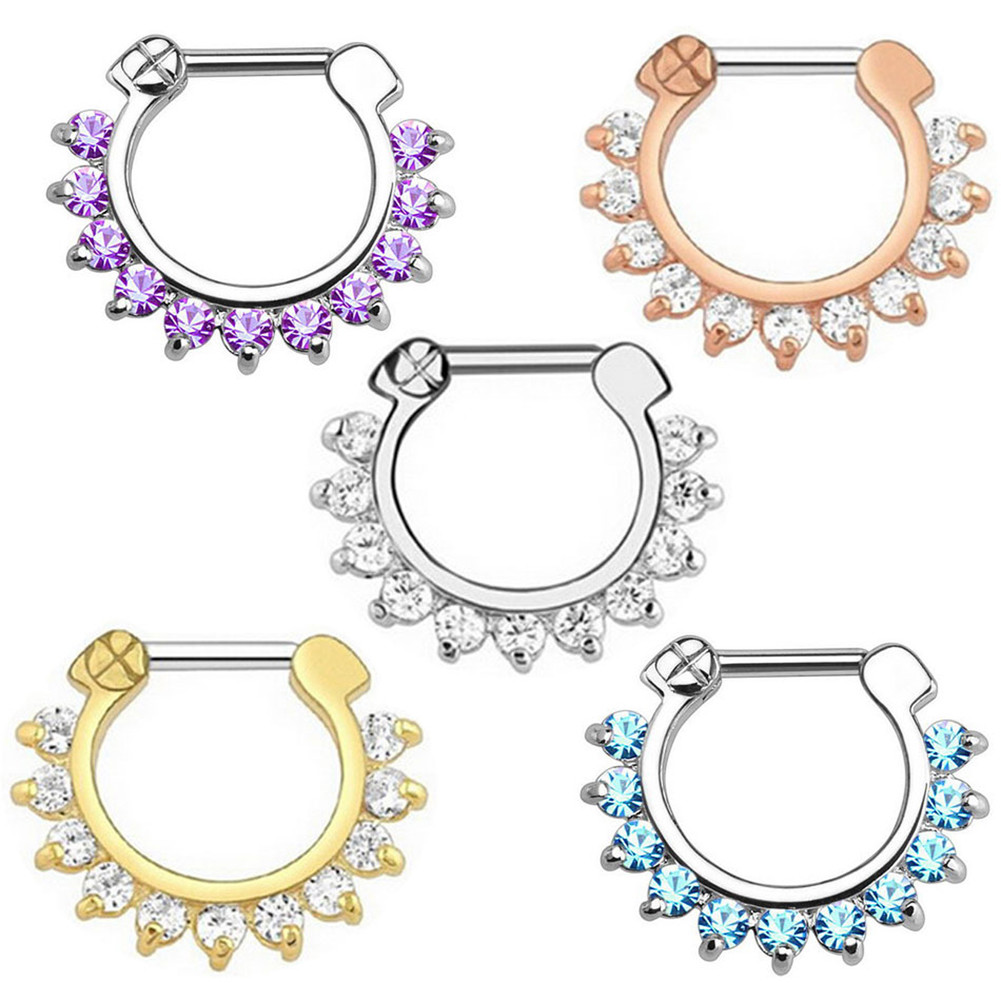 1PC 16G Septum Ring Segment Clicker Surgical Steel CZ Gem Nose Hoop Ring Jewelry