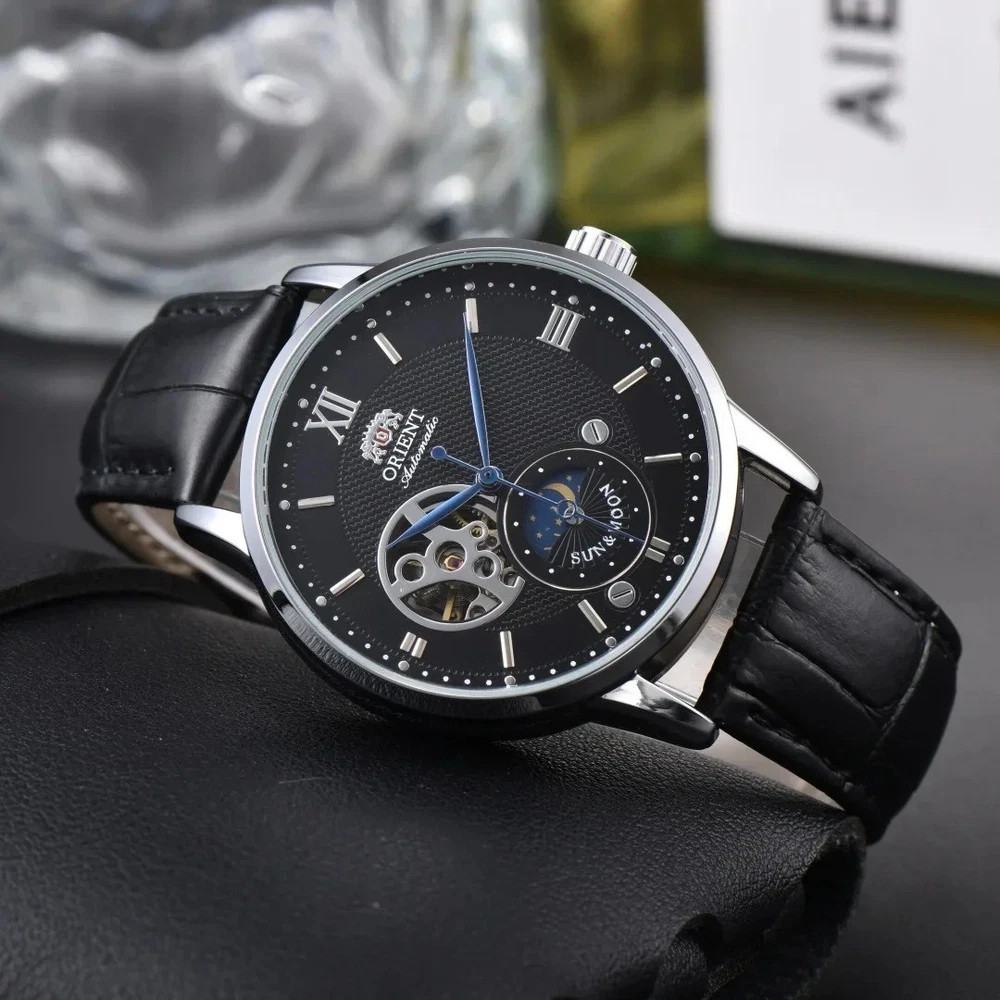 Sun & Moon Semi-Skeleton Automatic Men’s Watch – Leather Strap Luxury Gift