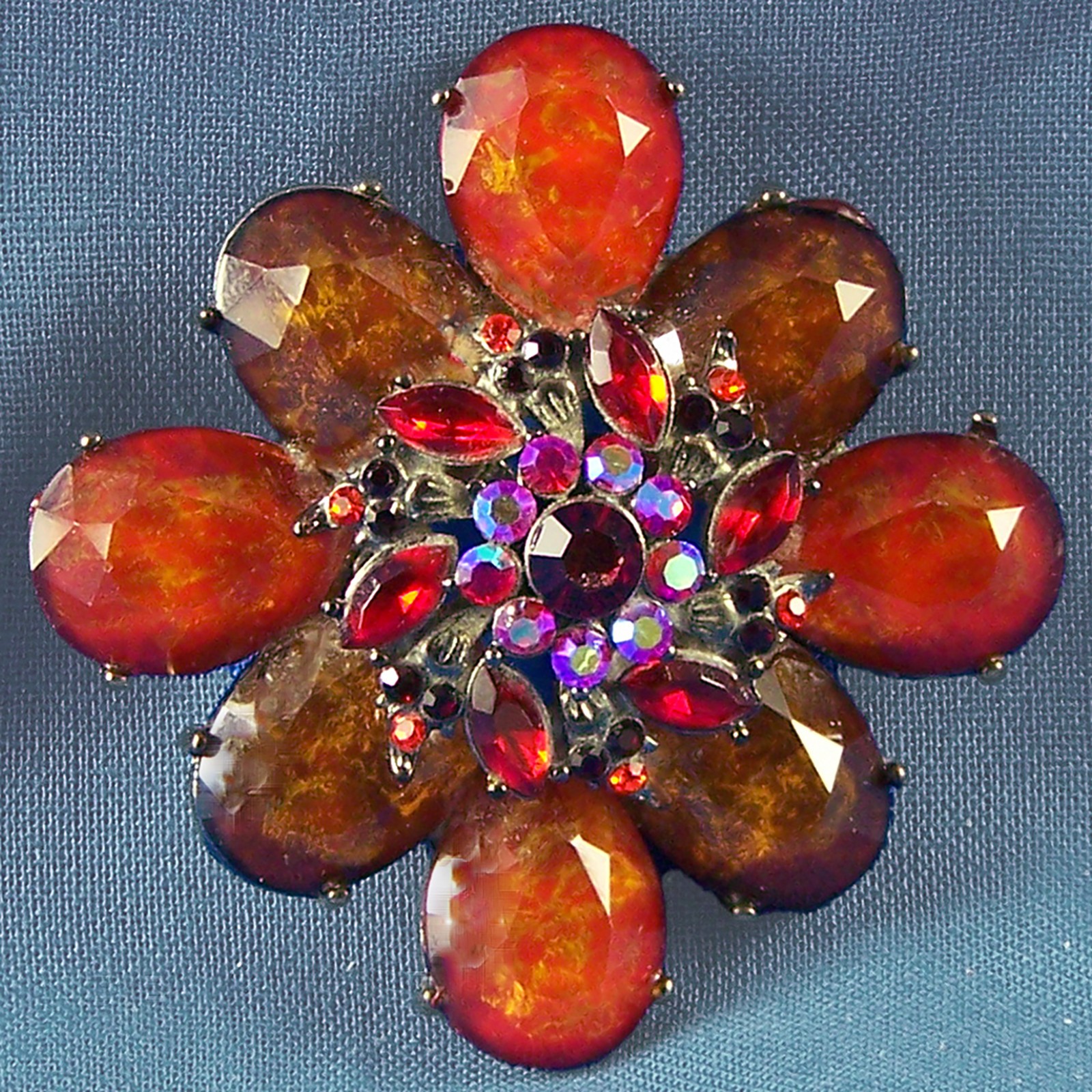 Flower Pin Cluster Rhinestone Brown Orange Red Aurora Borealis BronzeTone Brooch