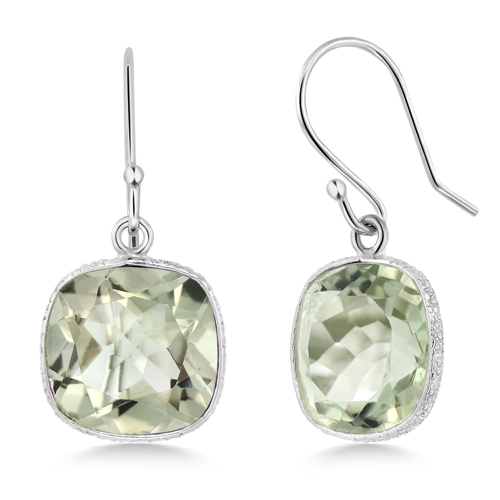 10.00 ctw 925 Silver 11mm Green Prasiolite Cushion Checkerboard Dangle Earrings