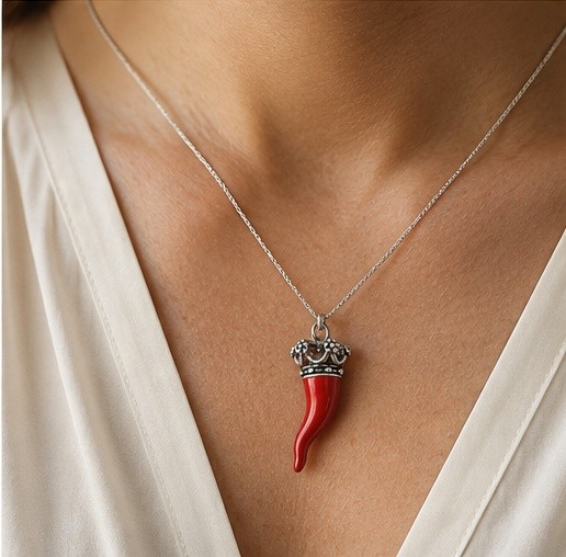 Red Cornicello Crown Pendant 800 Silver Neapolitan Lucky Horn Made in Italy