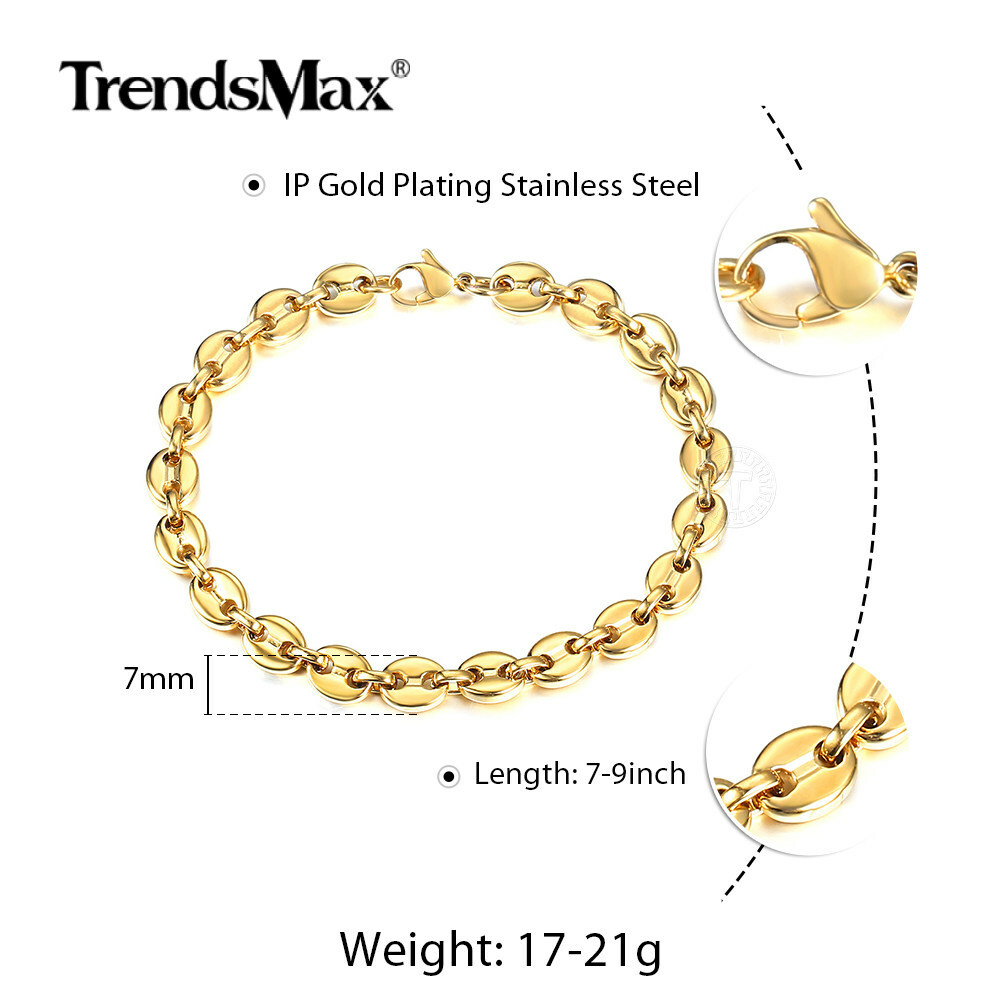 7/9/11mm Coffee Beans Marina Chain Bracelet Silver/Gold Plated Stainless Steel
