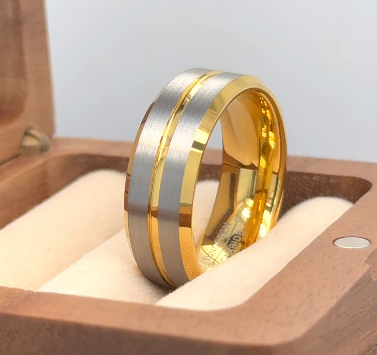 Two Stripes Center Ring Couple Ring Gifts Gold Tungsten Band Gunmetal Brushed