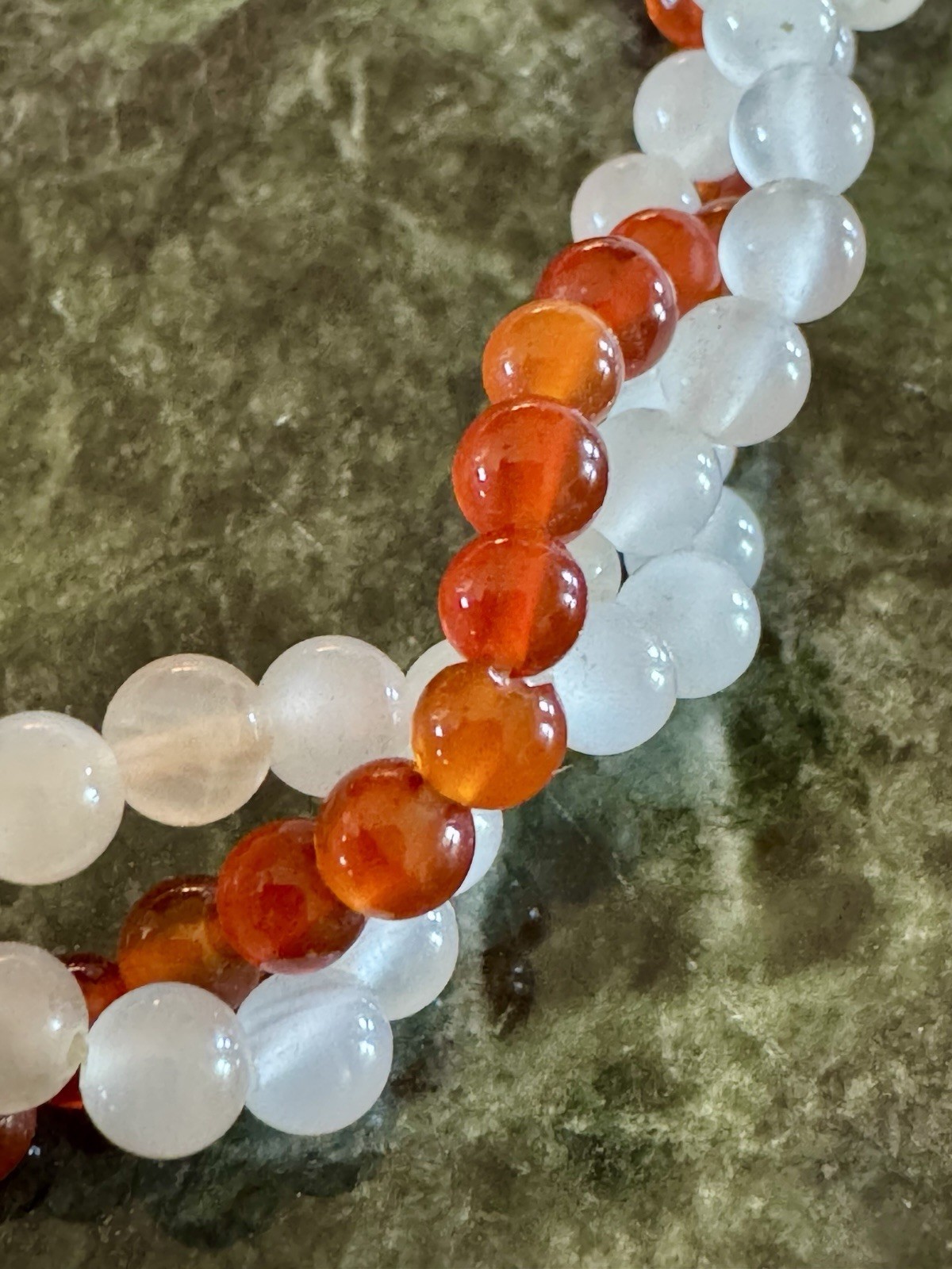 Vintage White & Orange Beaded choker w/ hand-carved chalcedony Flower Pendant