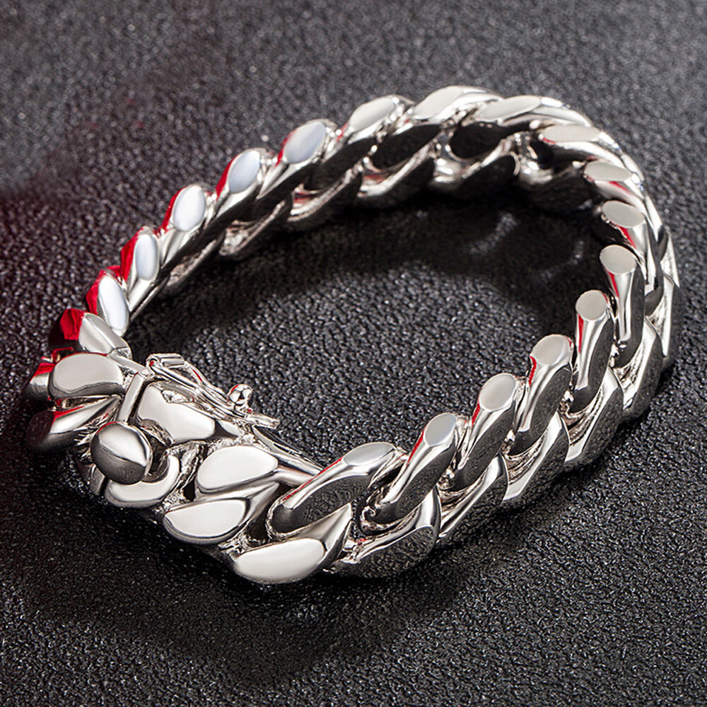 925 Sterling Silver 13.5mm Cuban Chain Bracelet Lenght 7″-10″ for Men Boys Women