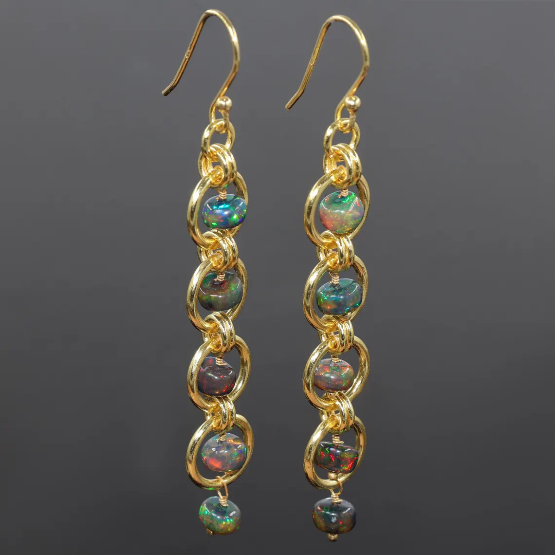 Black Ethiopian opal Chain link dangle handmade Earrings jewelry Gift 18k gold
