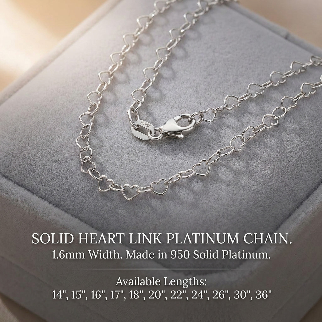950 Platinum Heart Cable Links Chain Necklace 2.9mm