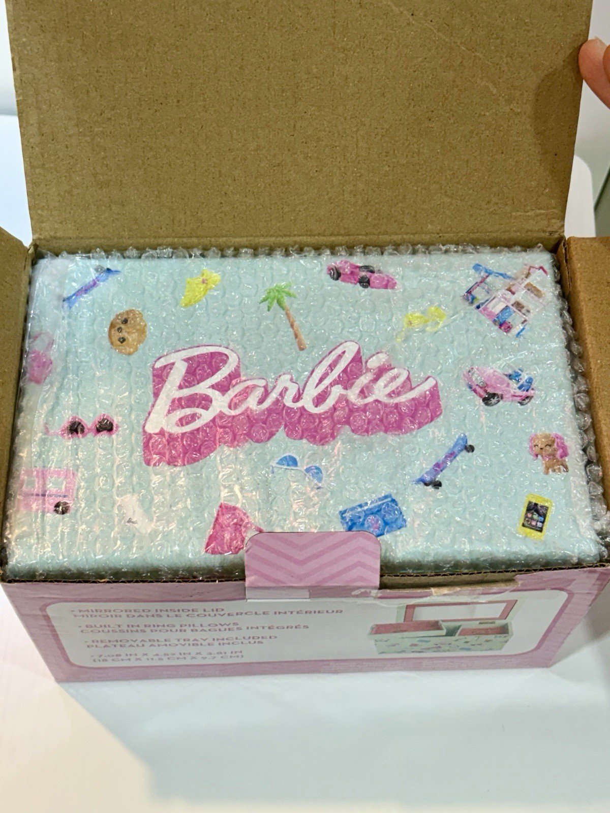 Barbie Pink/Green Wood Jewelry Box w/ Mirror Lid, Lined, Removable Tray, Ring
