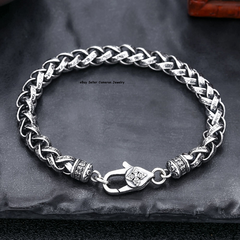 Pure S925 Sterling Silver Chain 7mm Six Words Wheat Link Bracelet 7.1-7.9inch
