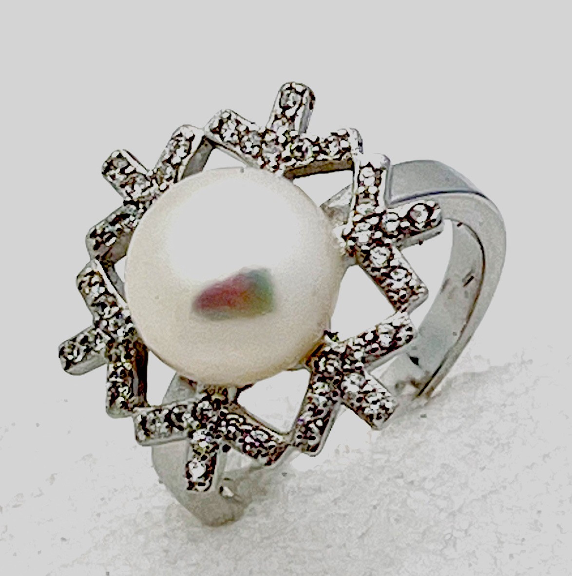 Sterling Silver 925 5.3 Gram Prong Set 42 CZ Genuine Pearl Ring Size 7 1/2