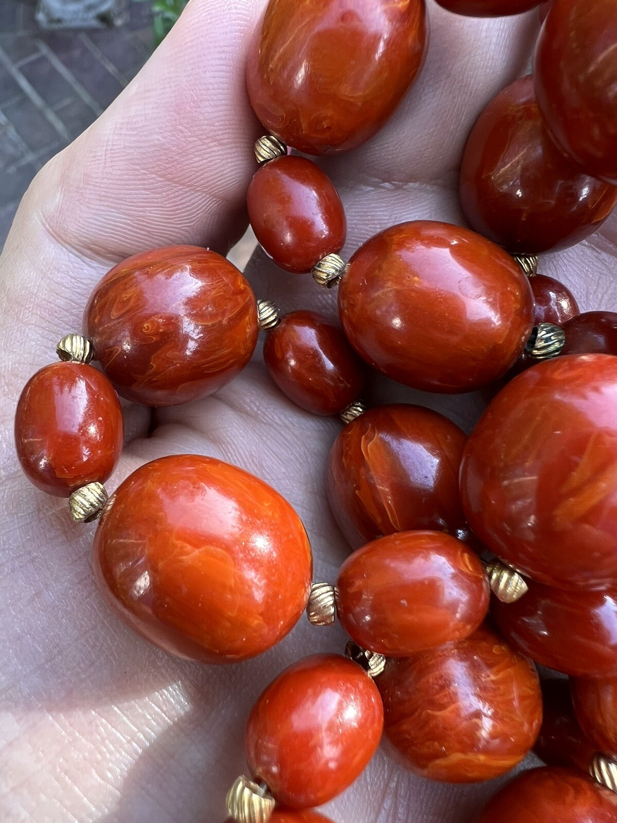 Vintage Bakelite Red Oval Swirl Bead Necklace 83.5 Grams 28.5″