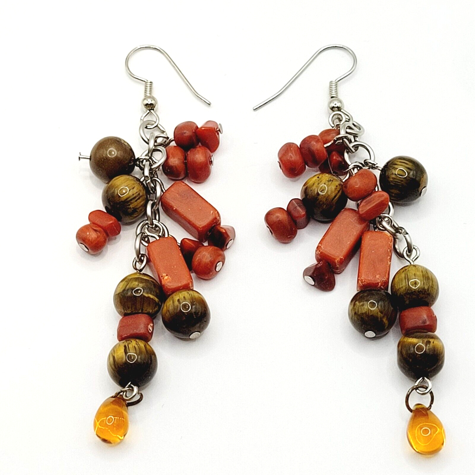 Modern Multi Shape Natural Stone Glass End Long Drop Dangle Hook Pierced Earring