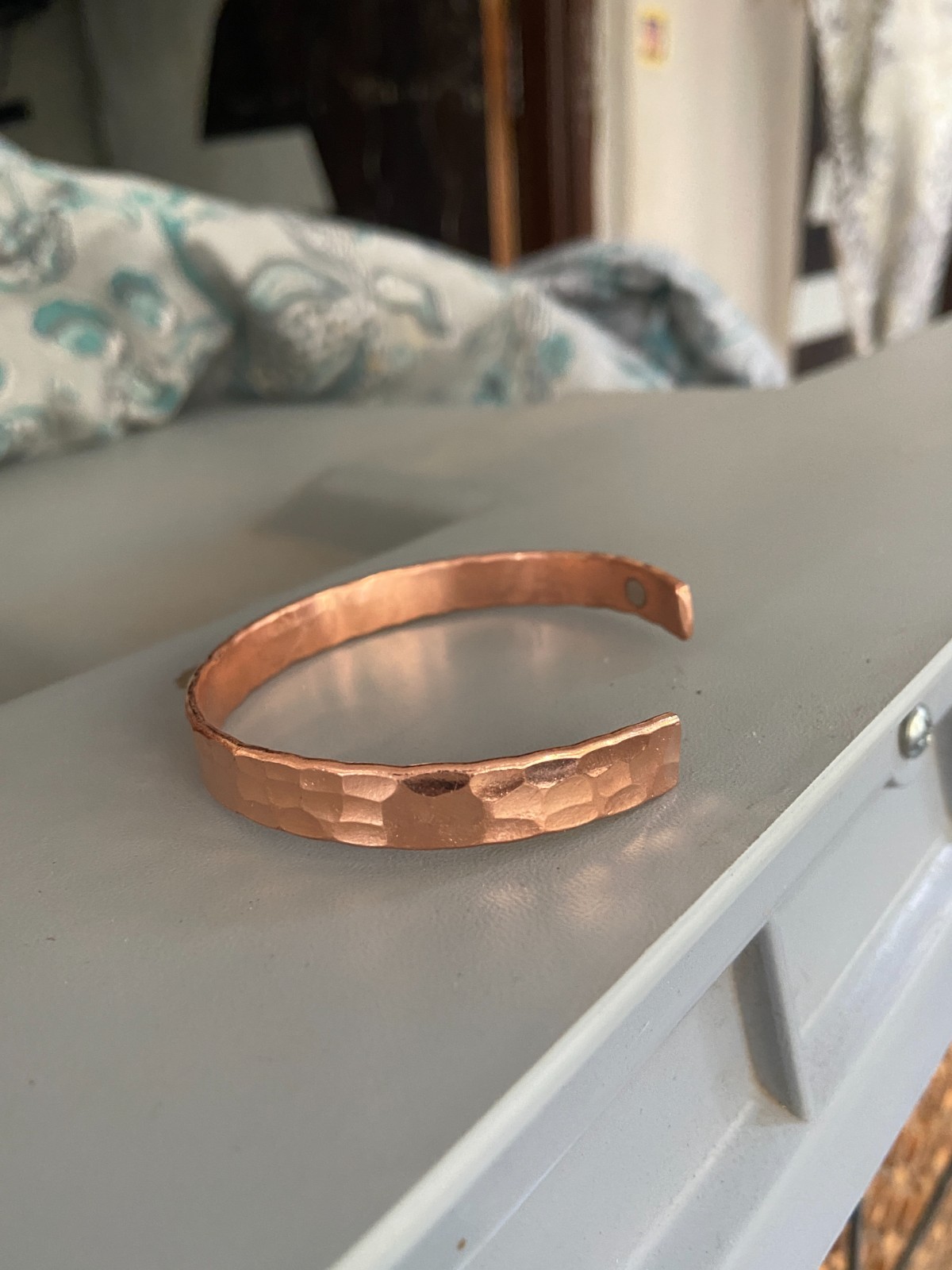 Solid Copper Hammered Cuff Bracelet Magnetic Open Bangle Adjustable Unisex