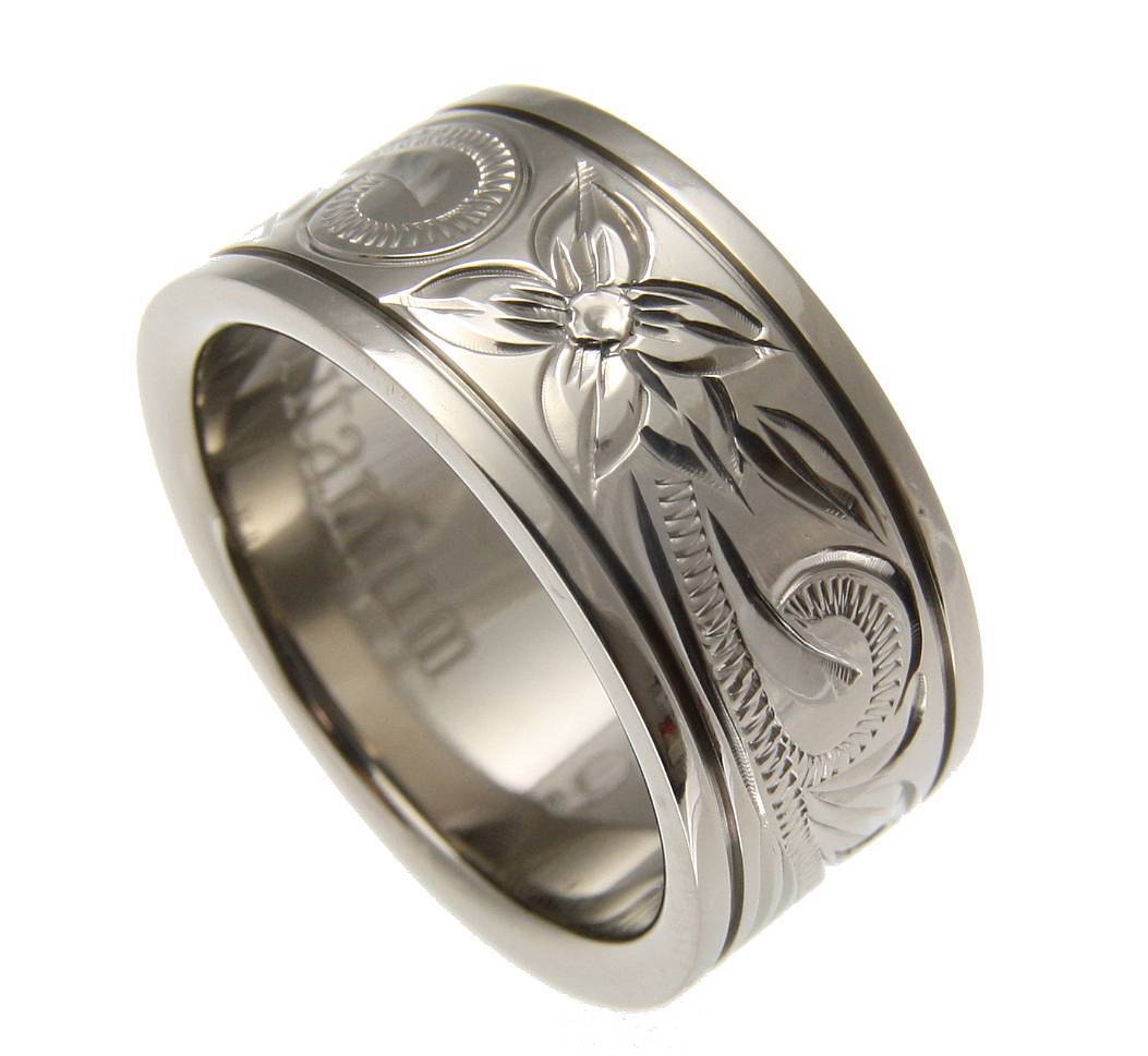 TITANIUM HAND ENGRAVED HAWAIIAN PLUMERIA SCROLL BAND RING SMOOTH EDGE 10MM