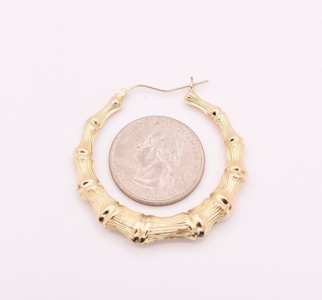 1 3/4″ Graduated Large Diamond Cut Bamboo Hoop Earrings Real 10K Yellow Gold
