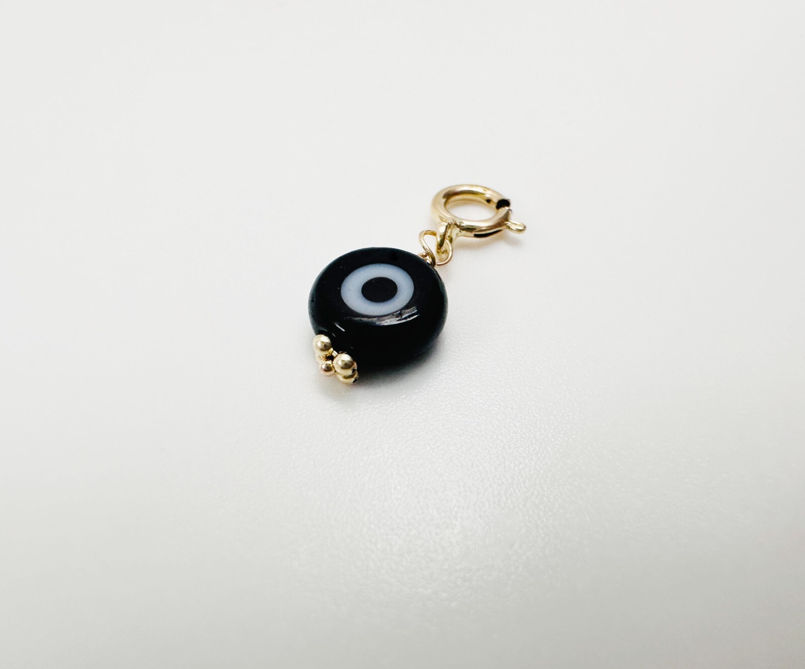 14K Solid Yellow Gold Millefiori Glass Black Evil Eye Charm Pendant Spring Clasp