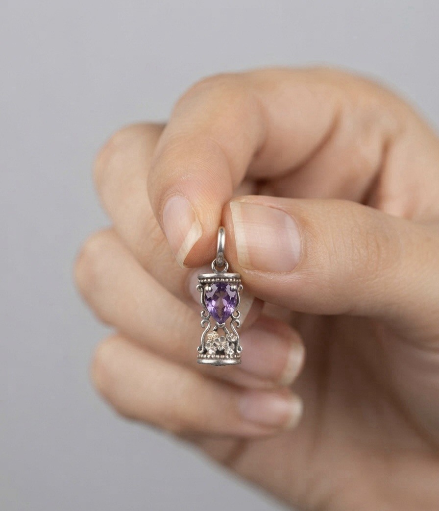 Natural Amethyst Hourglass Design Pendant in 925 Sterling Silver