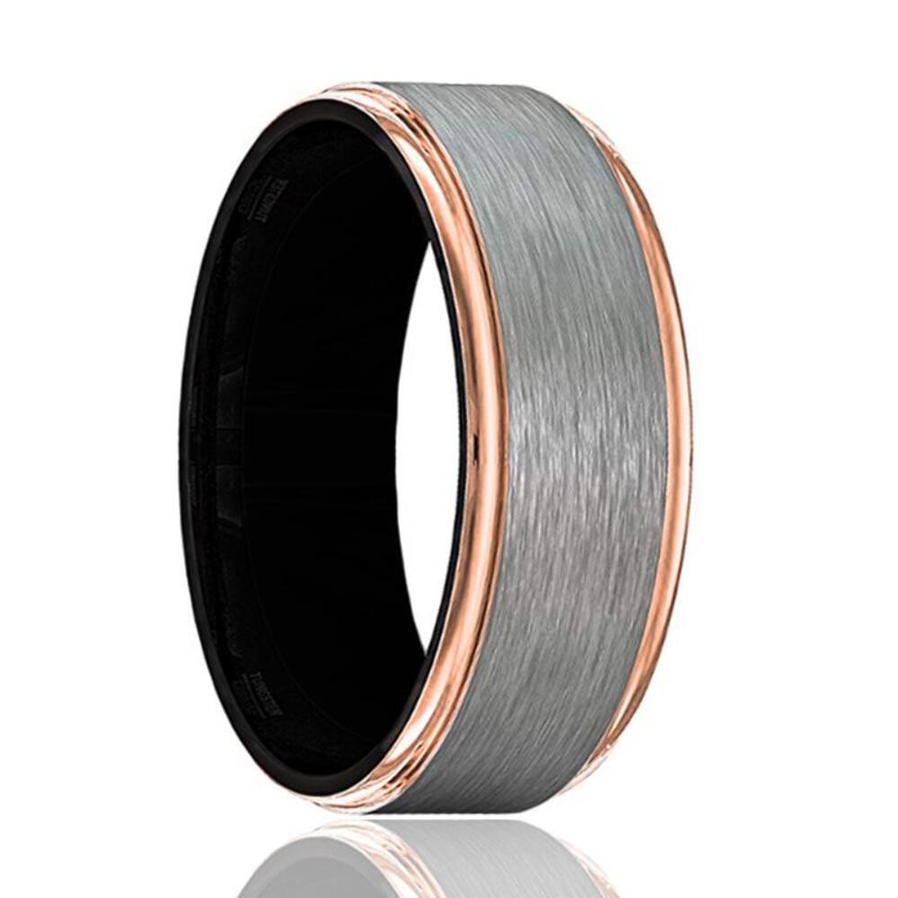 GOLIATH Gray Tungsten Wedding Band for Men with Rose Gold Stepped Edges and Blac