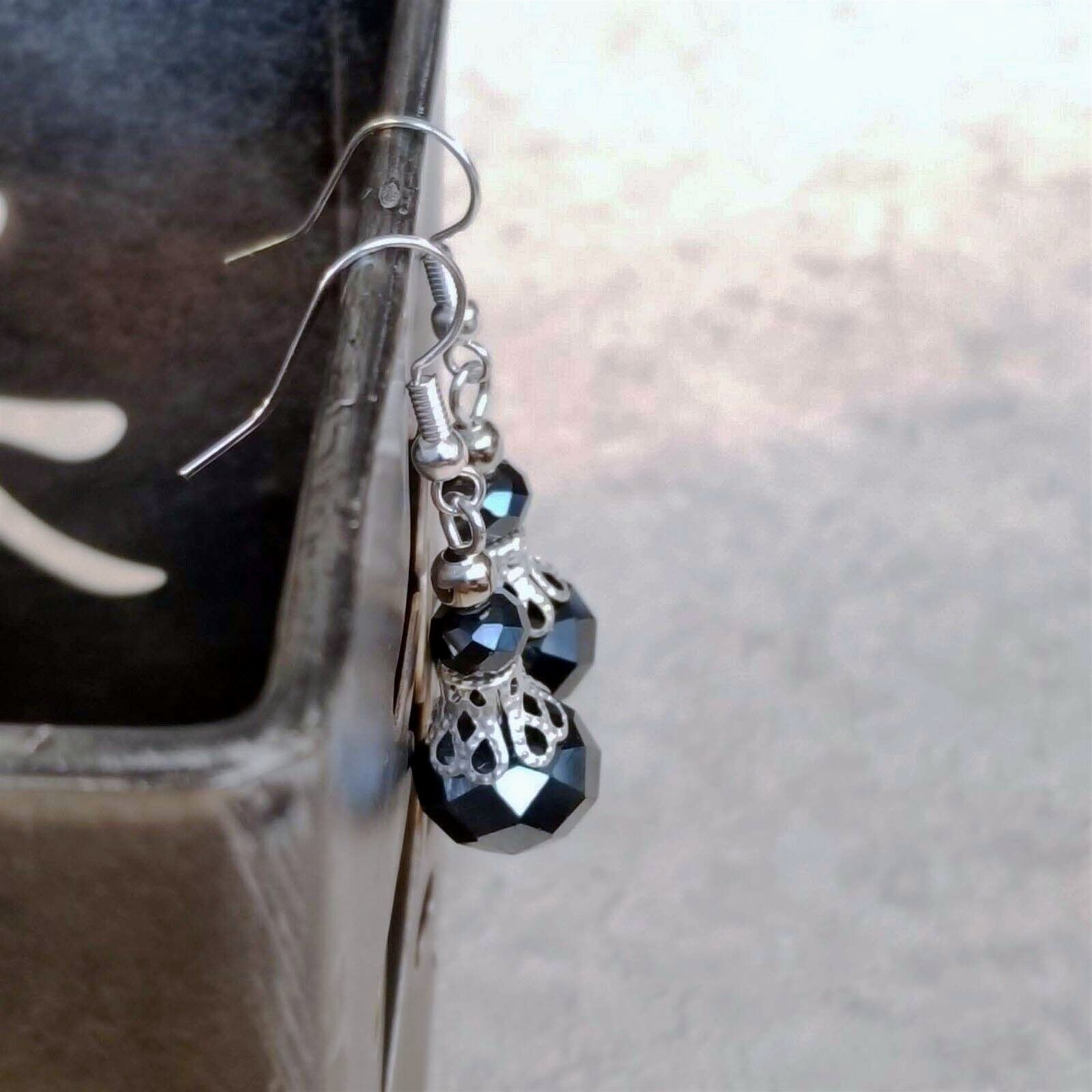 Victorian Black Crystal Silver Filigree Basket Handcrafted Earrings