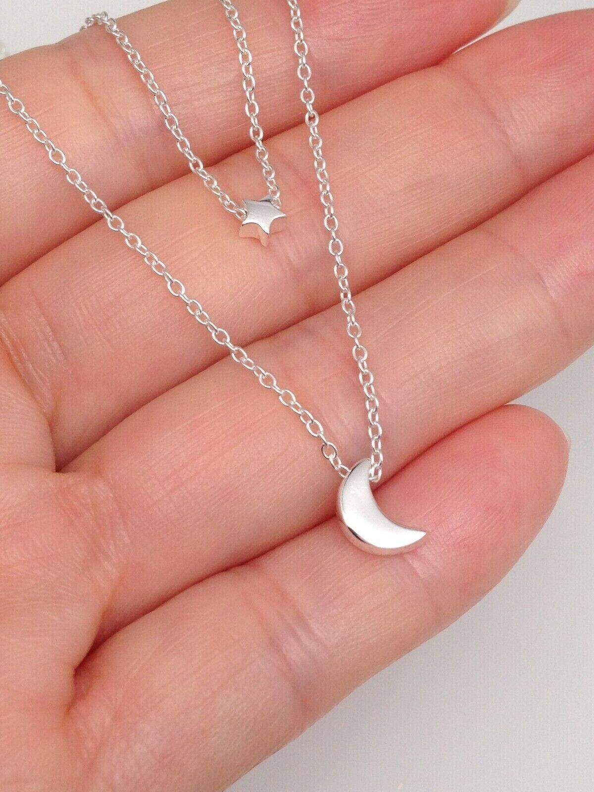 925 Sterling Silver Plain Star Crescent Moon Pendant Layered Necklace 2.8/7.8mm