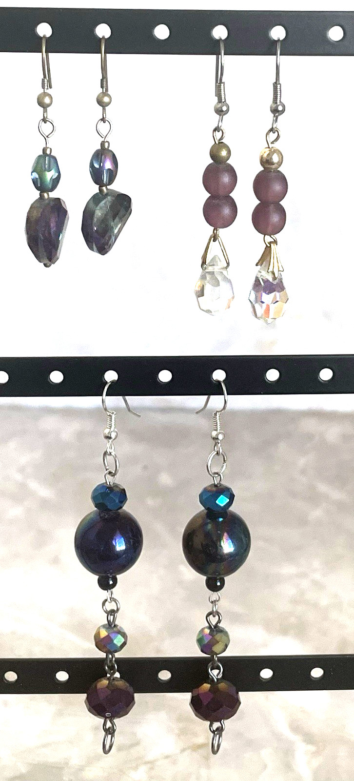3 Pair of Pierced Beaded Dangle Drop Earrings with Faceted Crystals
