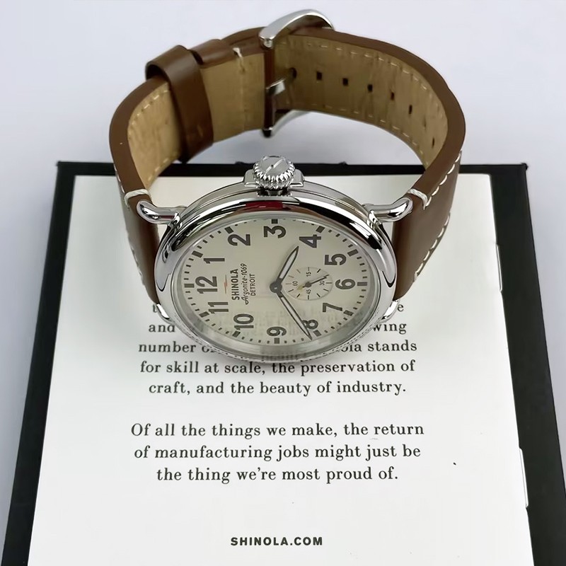 Men Shinola Runwell Argonite 1069 Cream Dial Quartz New Watch 41mm Leather Strap