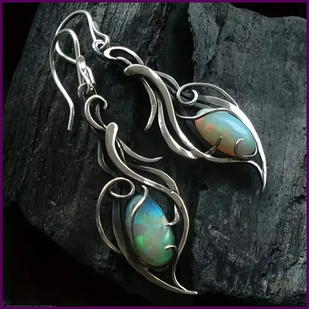 1 Pair of Silver Color Bohemian Opal Pendant Earrings, Elegant Jewelry Suitable