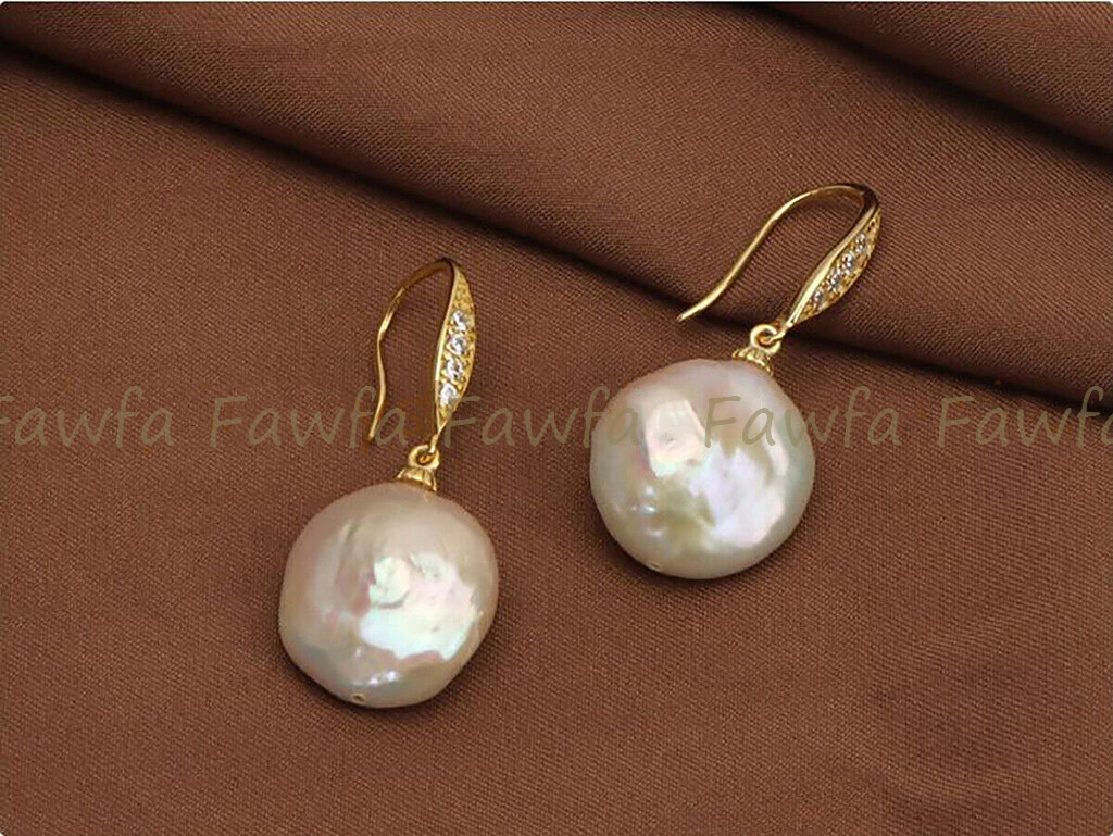 Natural 12-13mm White Freshwater Coin Pearl Dangle Rhinestone Hook Earrings