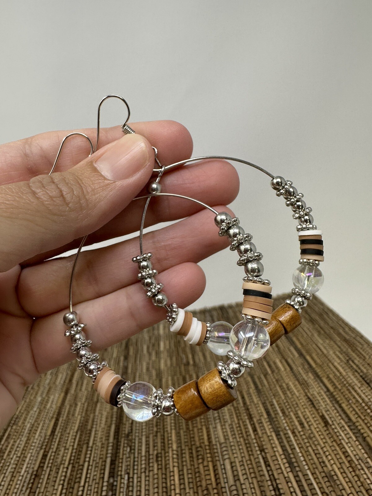 Silver tone boho hoop earrings handmade with wire and beads bohemian earrings
