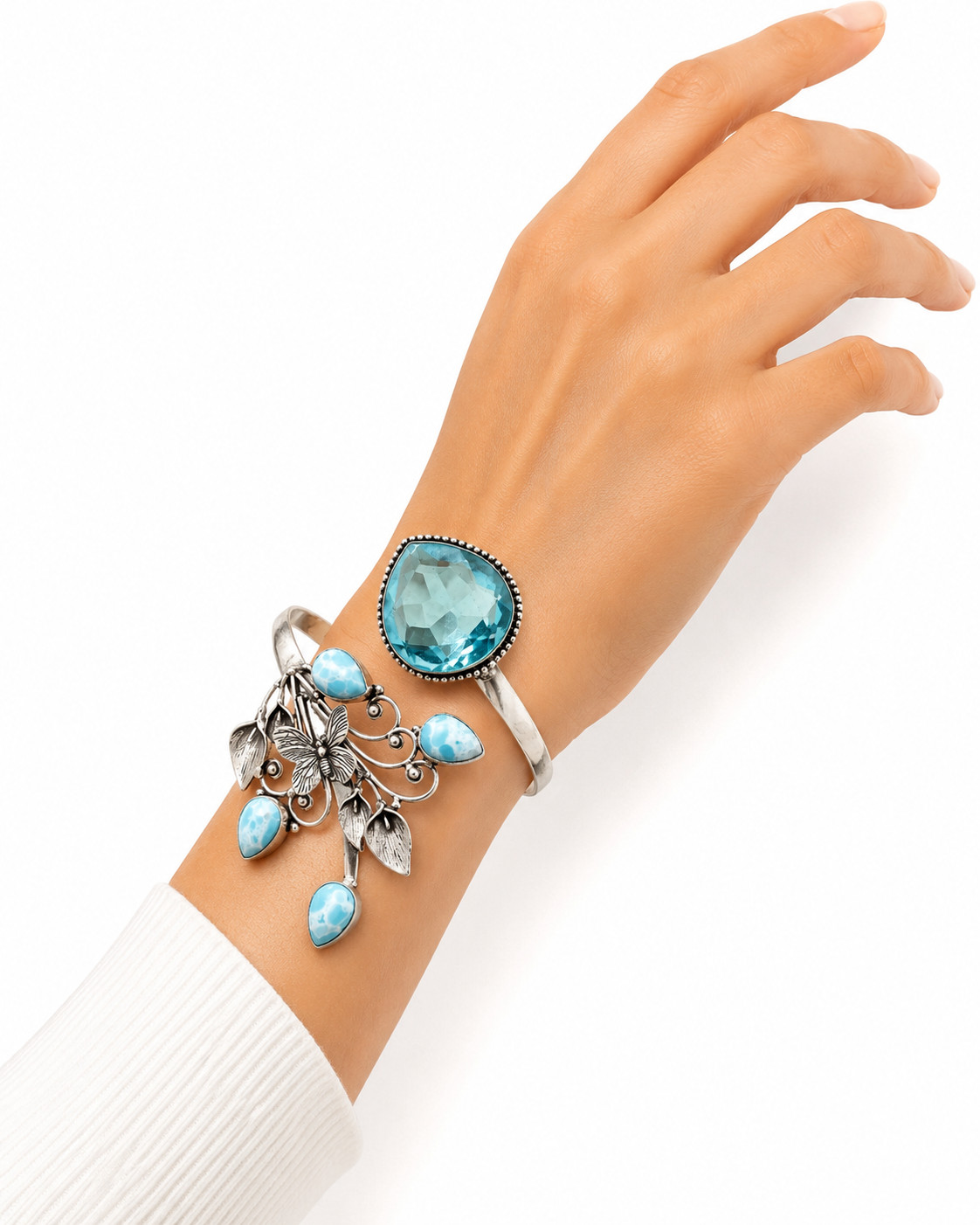 Topaz And Larimar Cuff Bracelet 925 Sterling Silver Handmade ADJ Jewelry