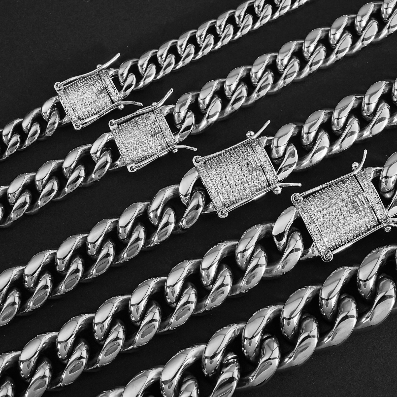 14K White Gold Plated Stainless Steel Cuban Link Bracelet Chain With CZ Clasp