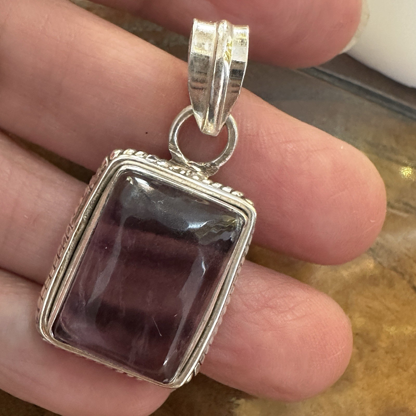 VTG Artisan Pendant 1.5 Inch Banded Purple Clear Fluorite Cab 925 Sterling 7.9g
