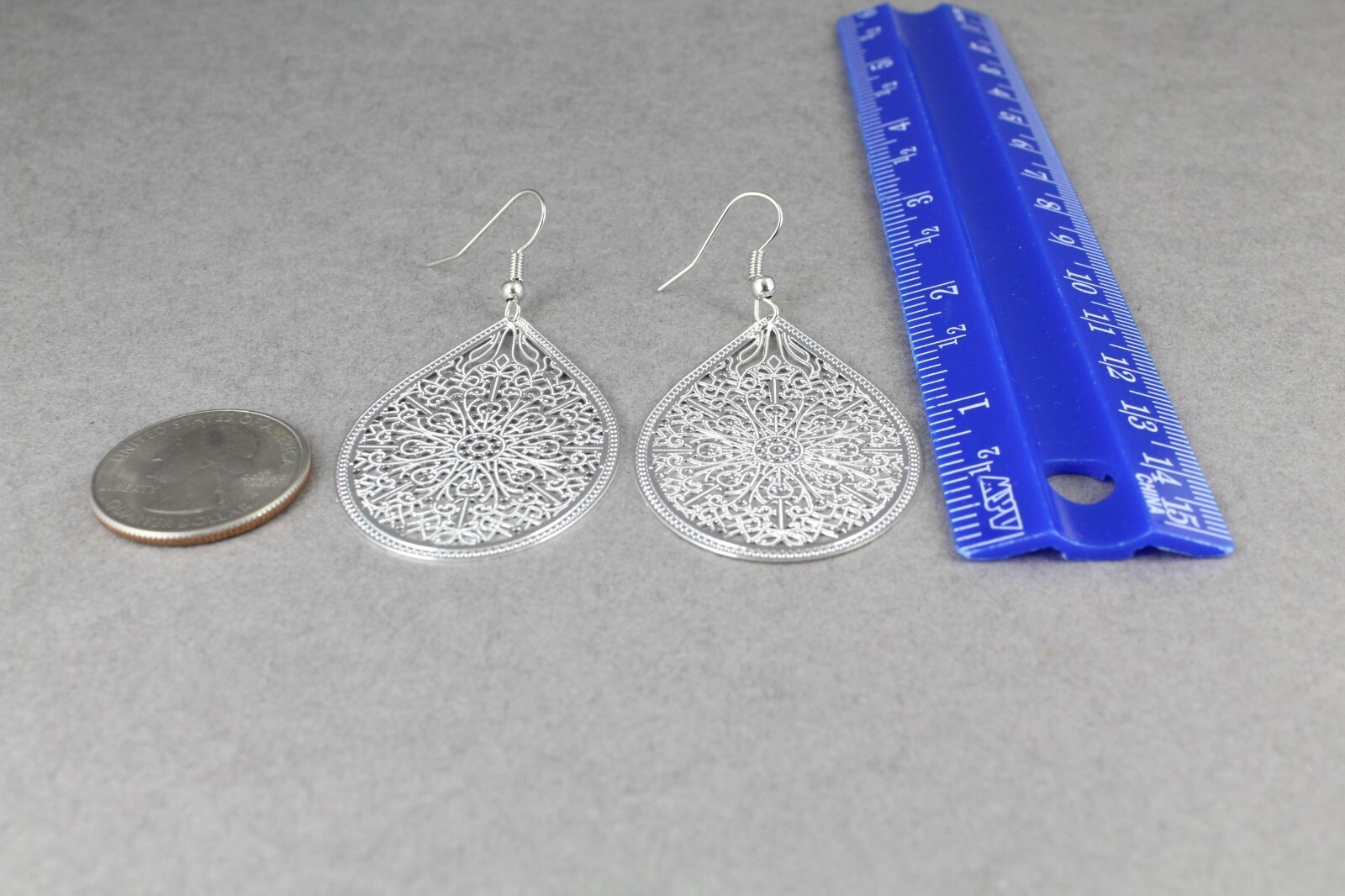 Silver earrings teardrop dangle shiny VERY lightweight filigree 2.5″ long