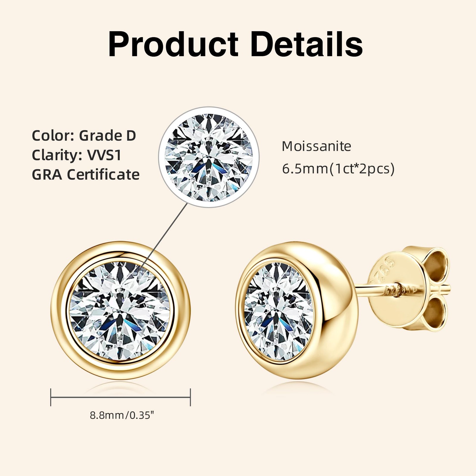 Moissanite Stud Earrings 925 Silver Bezel Set 14K Gold Plated