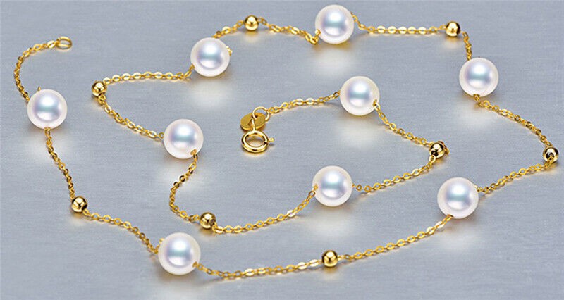 18K Solid Gold Real White Japanese Akoya 6-6.5mm Pearl Necklace Fine Jewelry