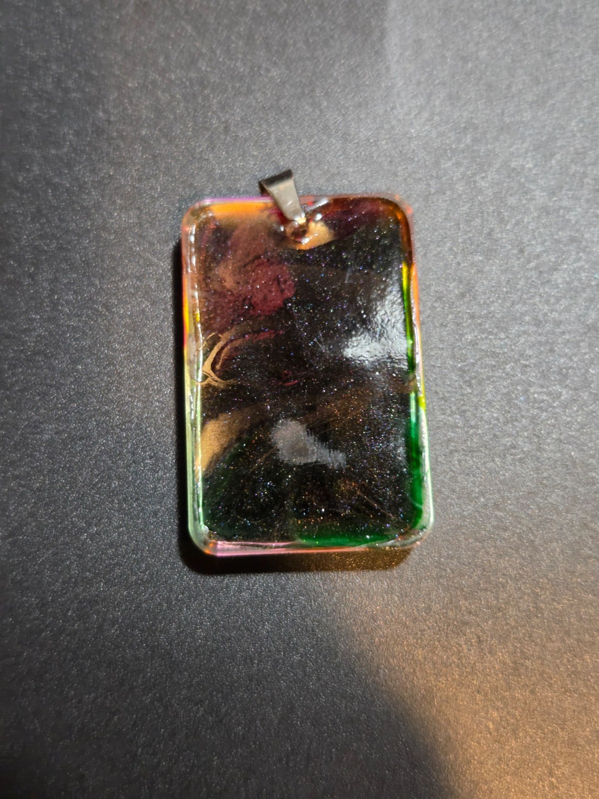 OOAK Petri Effect Resin Rectangle Pendant Green Pink Gold Stainless N105