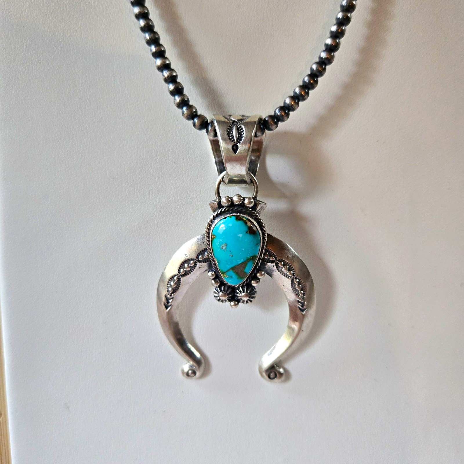 Sam Yellowhair Navajo Handmade Turquoise Naja Sterling Silver Signed Pendant NEW
