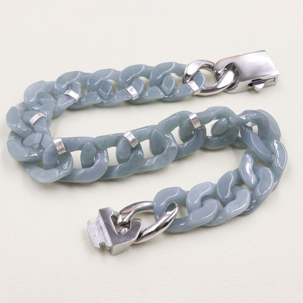 Real Grade A Natural Blue Jade Jadeite Cuban Curb Link Bracelet 5.9-8.3inch