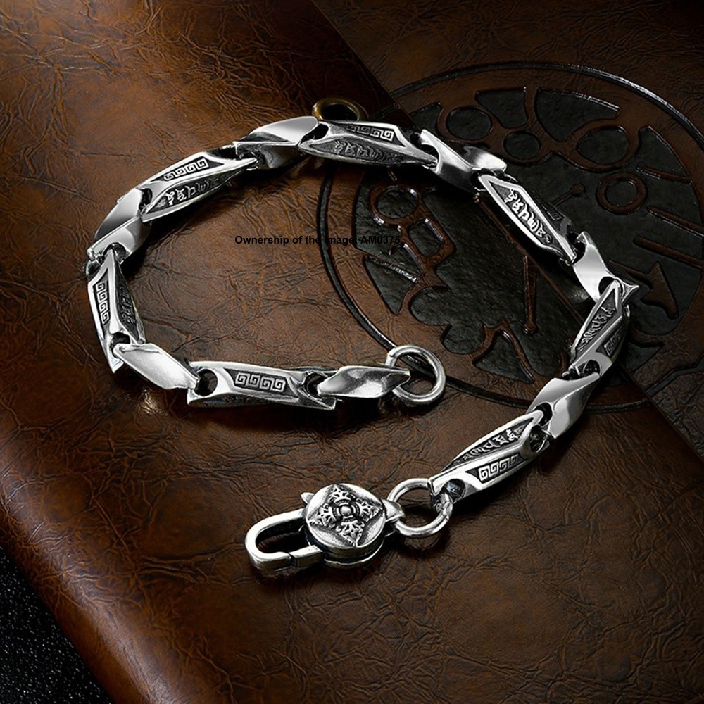 Pure 925 Sterling Silver Bracelet Engraved Six-Word Mantra Twisted Tube Design